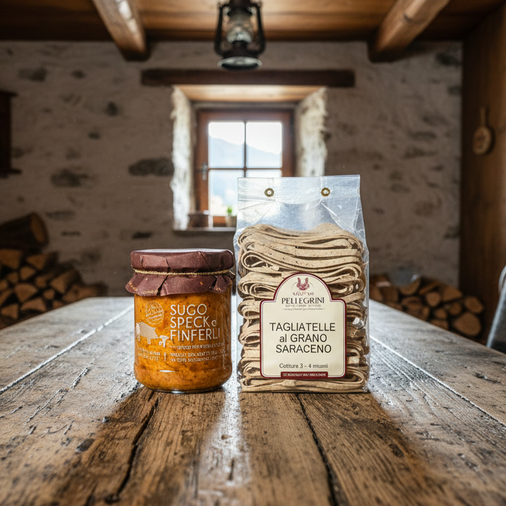 Tagliatelle con sugo Speck e finferli