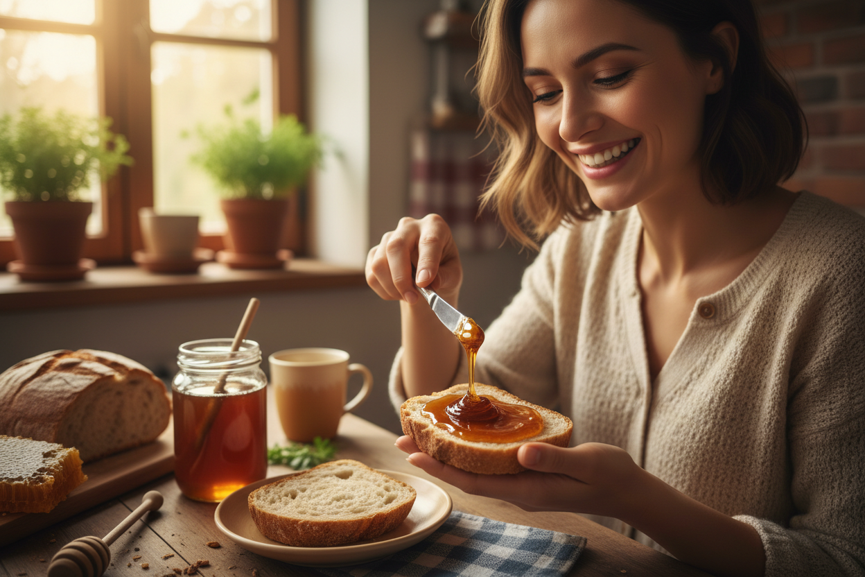 una signora sorridente spalma del miele di melata sul pane